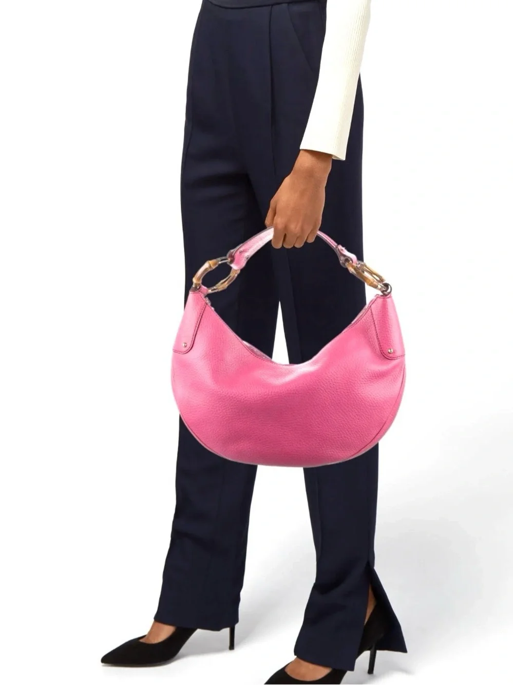 Authentic Gucci pink leather hobo bag bamboo accents shoulder bag